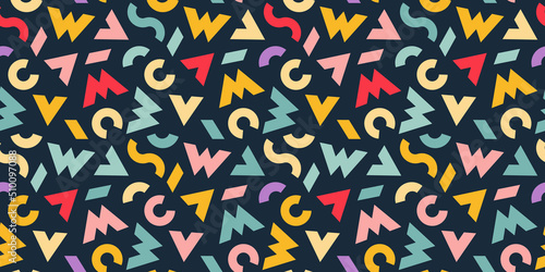 Vector Seamless Pattern with Colorful Shapes. Abstract Texture with Letters