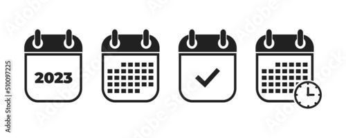 Calendar icon isolated on white background. Calendar with time clock. 2023 year . Vector illustration. 10 eps