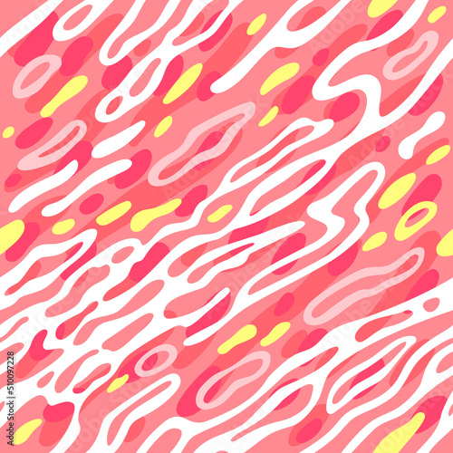 Seamless Pattern with Cartoon Splashes. Vector Illustration of Pink Juice for Packaging and Banners Background
