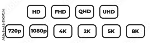 Video quality symbol. 2K 4K HD video format vector illustration isolated on white background. screen resolution .QHD, ULTRA HD text. 10 eps