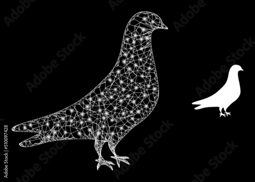 Crossing mesh dove carcass illustration with light spots. Illuminated vector model is created from dove icon. Vector carcass net dove icon. Flat mesh created from dove icon and crossed lines.