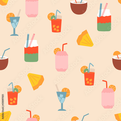 Seamless pattern with cute summer cocktails and fruits. Food and drink vector illustration. Sweet colorful background with watermelon, pineapple, jar, cup, wine glass