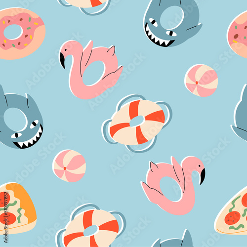 Summer cute seamless pattern with floaters, lifebuoy, donut, flamingo, shark and ball. Illustration with water toys. Vector background with swimming beach vacation accessories for floating in sea