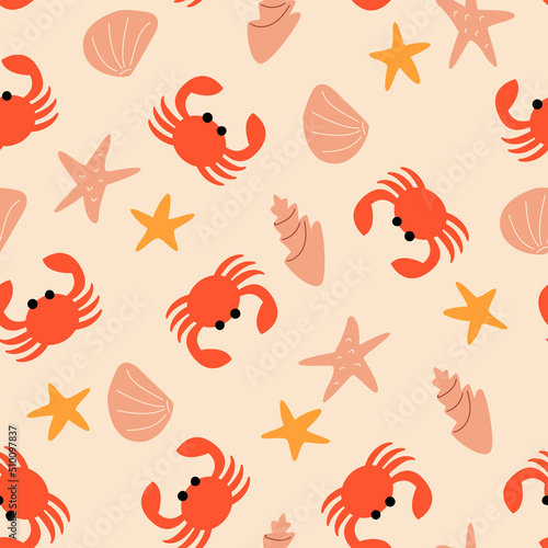 Photography Cute seamless pattern with shells, starfish and crabs on the sand