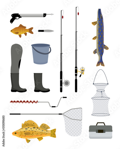Fishing tools and equipment vector illustration, special rods for different fish and nets for catch storage, special boots and speargun with arrow