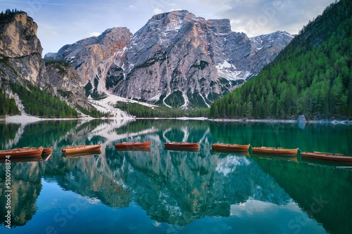 Lago di Braies in Italy. This is also known as Pragser Wildsee. Stunning crystal clear water with slushy mountains as a backdrop. 