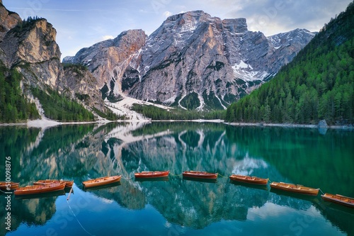 Lago di Braies in Italy. This is also known as Pragser Wildsee. Stunning crystal clear water with slushy mountains as a backdrop. 