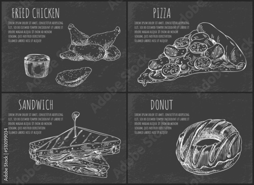 Fast food set hand drawn vector monochrome illustration. Fried chicken with sauce and pizza slice, sandwich and donut sketch, restaurant menu cover