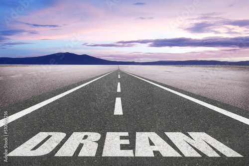 Dream text on a highway leading to success.