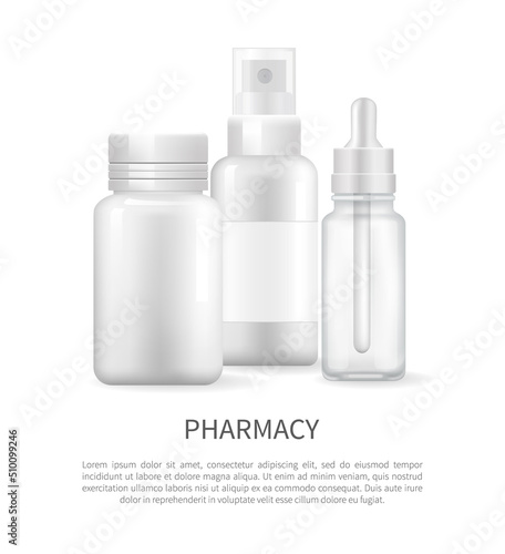 Pharmacy poster with nasal spray and container of capsule pills, ear drops, aerosol sprayer set of treatment remedies mock up empty items vector items
