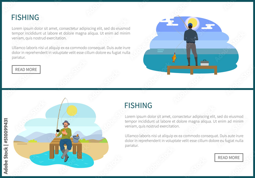 Fishing people hobbies set on web posters with push buttons. Mens activities vector illustration of people on wooden dock, anglers online site template