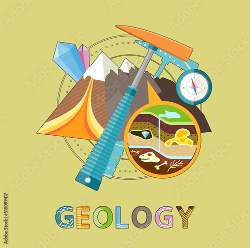 Geology excavations and geological researches. Pick and compass equipment, closeup of ground layers with fossils and minerals vector illustration emblem