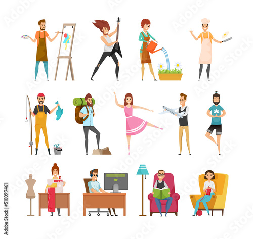 Peoples hobbies variety. Dress maker and artist painting picture. Musician playing guitar, woman watering plants and cook with food vector illustration