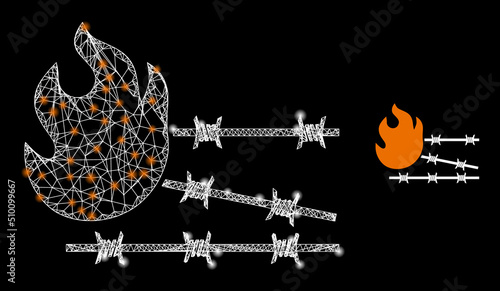 Mesh net fired prison framework icon with lightspots. Illuminated vector constellation based on fired prison pictogram. Vector carcass net fired prison icon.