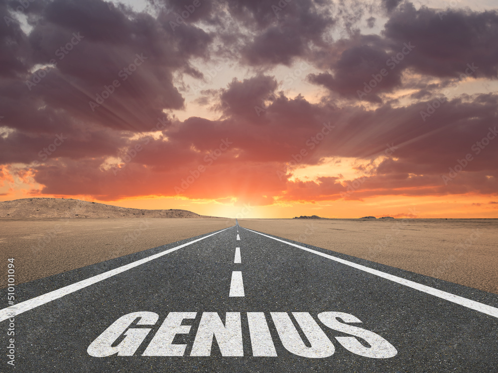 The word Genius written on a road for brilliance and talent concept.