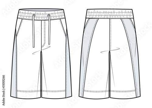 Men's knitted Shorts fashion flat technical drawing template. Short Pants, fashion flat sketch, front and back view, white.