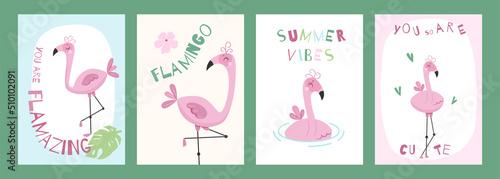 Set of kids posters with cute flamingo. Minimalistic vector nursery posters with wild bird. Printable collection.
