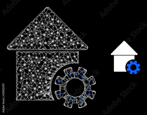 Crossing mesh house options carcass icon with lightspots. Illuminated vector model is created from house options pictogram. Vector carcass net house options icon.