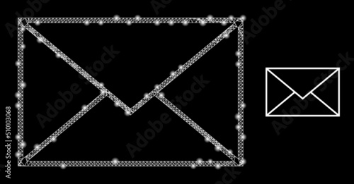 Network letter envelope wireframe icon with lightspots. Illuminated vector model is created from letter envelope icon. Vector carcass network letter envelope icon.