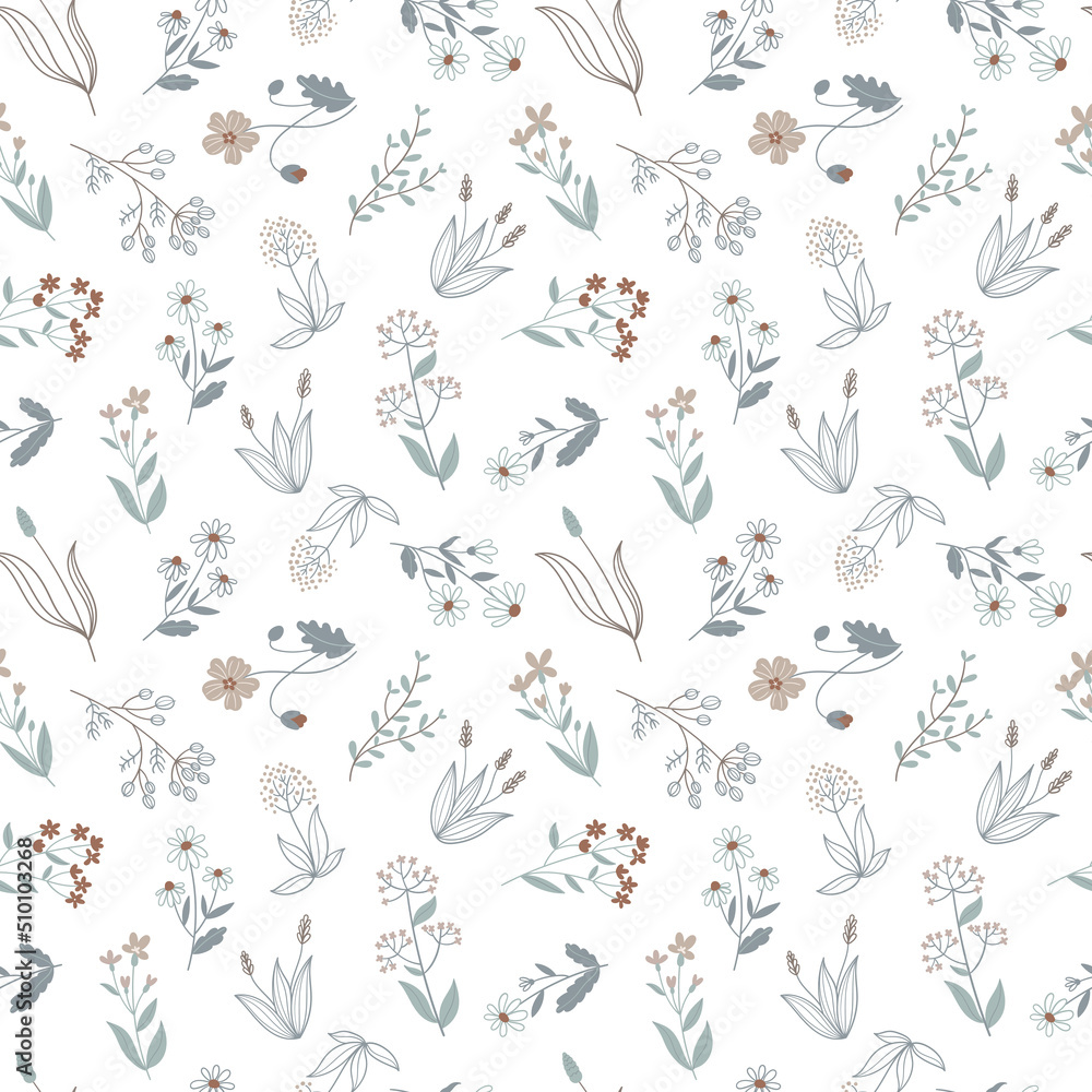 Seamless pattern with wild flowers and herbs. Simple hand drawn style, pastel palette. Seamless pattern with wild flowers and herbs. Simple hand drawn style, pastel palette.