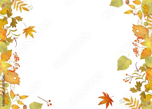 秋の紅葉した葉っぱのオシャレな北欧風ベクター白バックフレームイラスト素材
