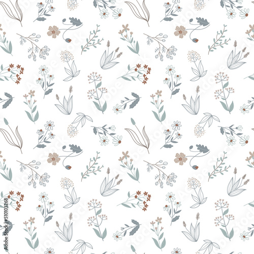 Seamless pattern with wild flowers and herbs. Simple hand drawn style, pastel palette.