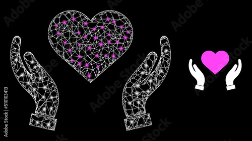 Net love care hands frame icon with light spots. Illuminated vector model is created from love care hands icon. Vector carcass net love care hands icon.