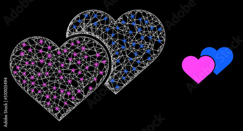 Network love hearts frame icon with lightspots. Illuminated vector model is created from love hearts picture. Vector frame mesh love hearts icon.