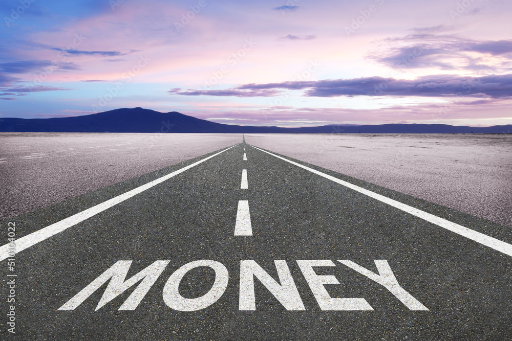 Money text on highway for financial growth concept.