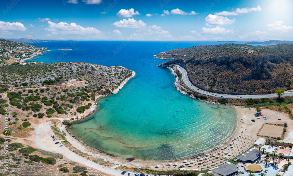 Panoramic view of Lomvarda Beach, or so called Mojito Bay, at the south coast of Athens, Attica, Greece