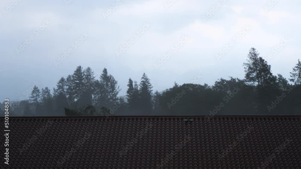 Thunderstorm on the roof of the house, Roof of the house exposed to the storm, bad weather on urban buildings Thunderstorm on the roof of the house, Roof of the house exposed to the storm, bad weather on urban buildings