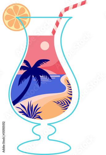 Cocktail Glass with Tropical Landscape Illustration