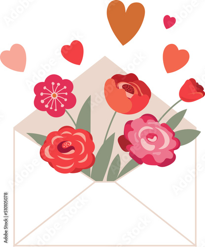 Envelope with Flowers and Hearts Valentine Romantic Illustration