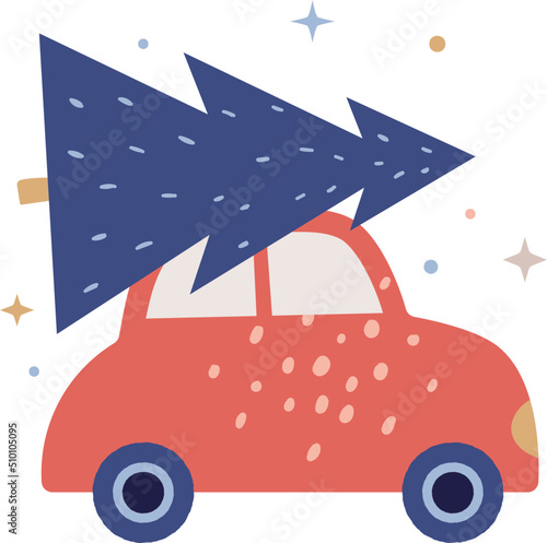 Retro Red Car with Christmas Tree Illustration