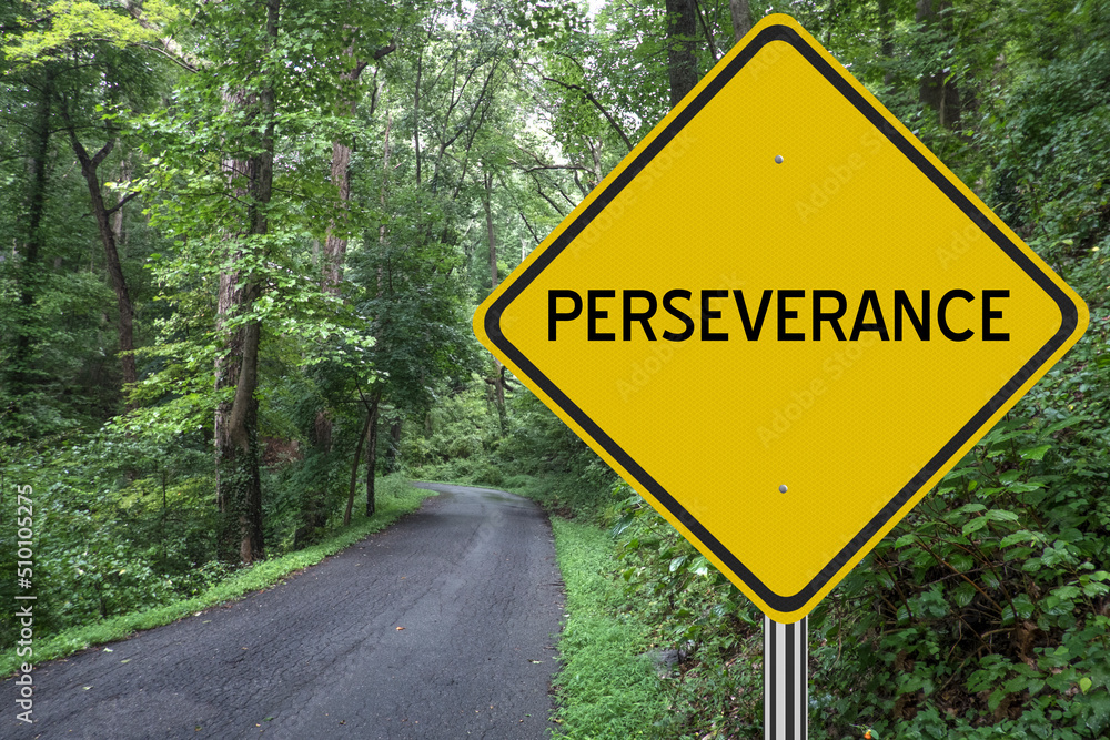 Motivational Perseverance sign in the woods.