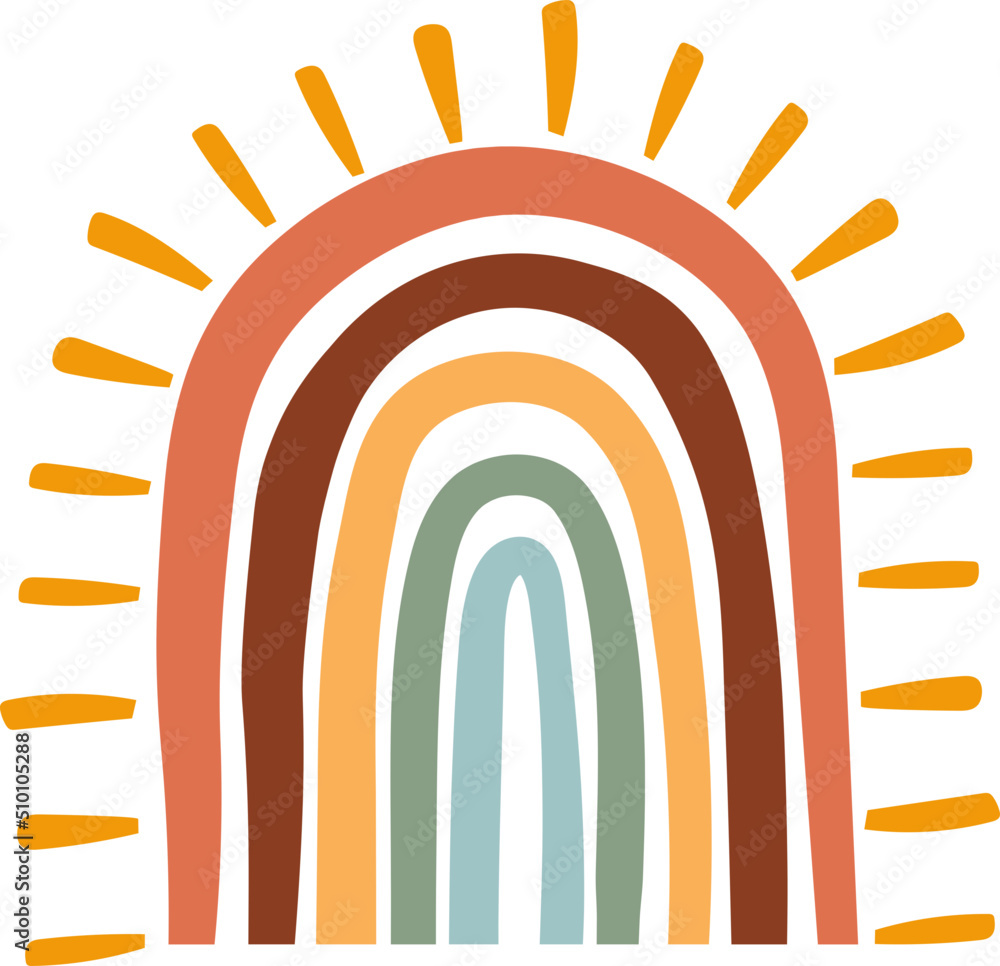 Hand Drawn Boho Rainbow with Sunbeams Summer Illustration