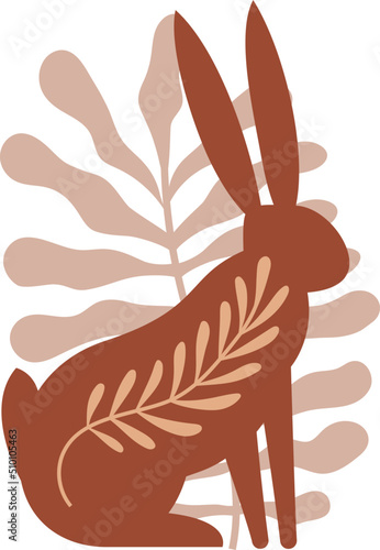 Abstract Leaf / Plant Botanical Art Illustration with Terracotta Rabbit Silhouette in Boho Style