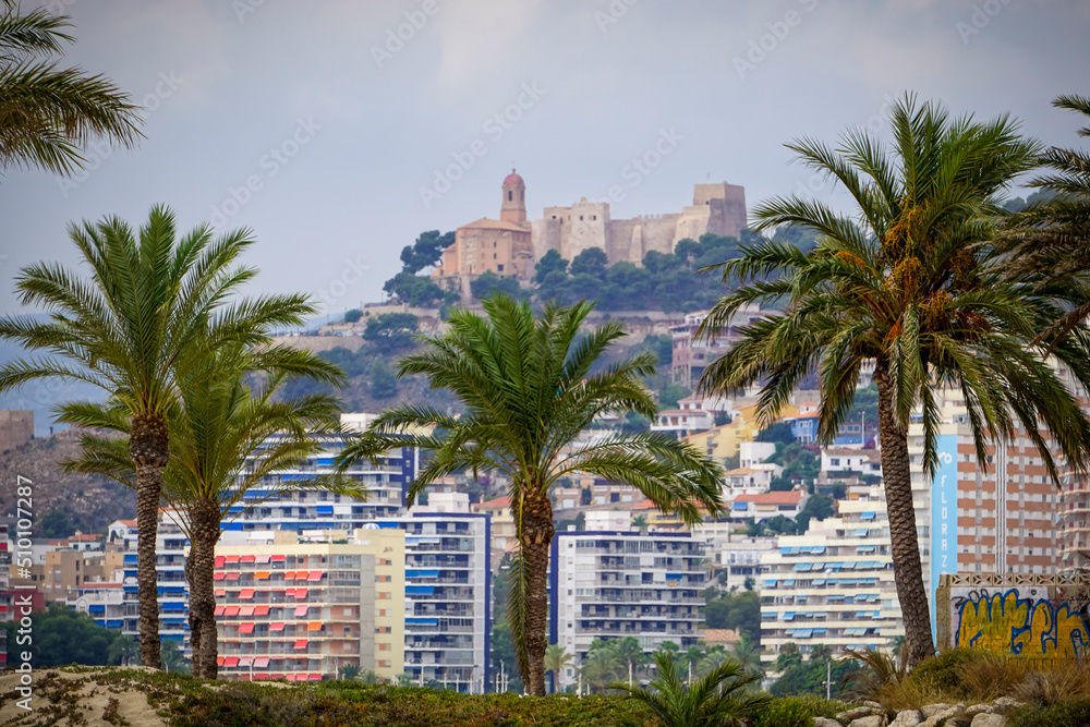 Panoramic view of the castle of the city of Cullera with palm trees in the foreground