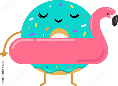 Cute Donut Cartoon Character with Flamingo Pool Float Illustration