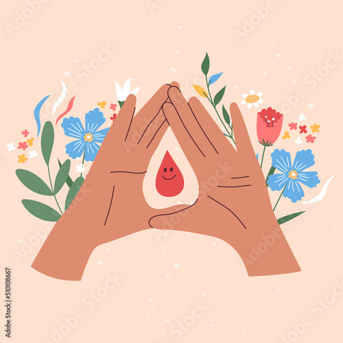 Female regular menstrual cycle concept. Menstrual period, menstruation, premenstrual syndrome, overies vector illustrations. Hand draw female hands and a blood drop with flowers.