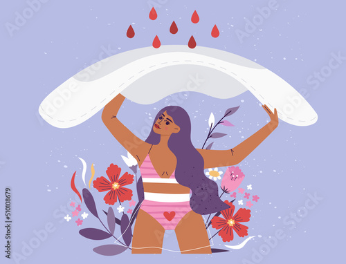 Woman holding a big sanitary pad above her head with flowers and leaves on the background. Heavy menstruation concept. Menstrual period, menstruation, PMS, premenstrual syndrome vector illustrations.