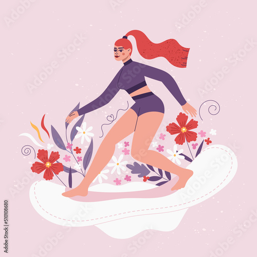 Woman surfing on a big sanitary pad with flowers and leaves around. Menstrual period concept, menstruation, PMS, premenstrual syndrome. Female leading active life during menstruation.