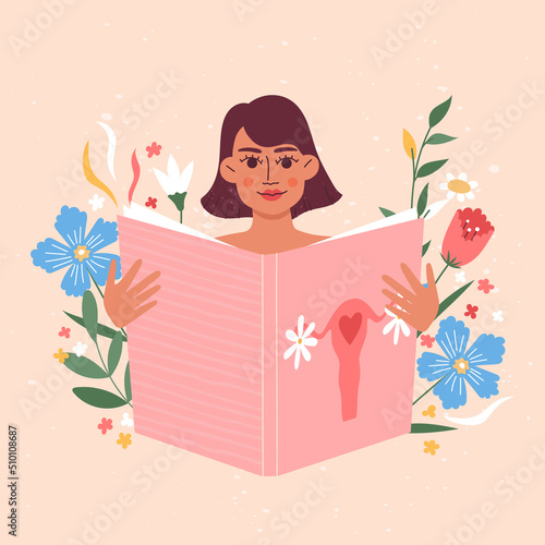 Woman meditating and caring about herself during menstruation cycle period with flowers and leaves around. Menstrual period concept, menstruation, PMS, premenstrual syndrome. photo