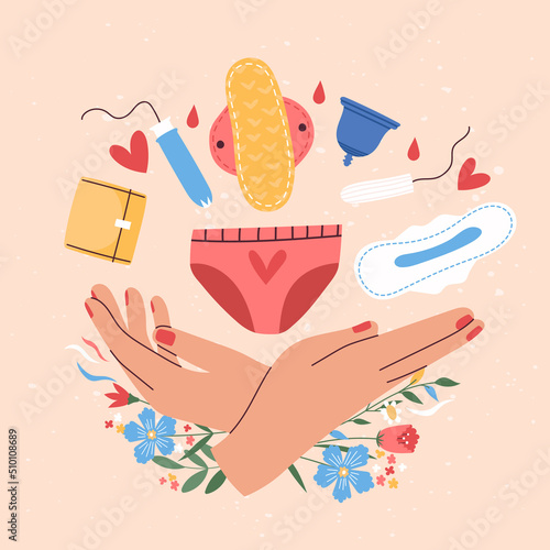 Hand drawn female hand holding tampon, pads, menstrual cup with flowers. Female regular menstrual cycle concept. Menstrual period, menstruation, premenstrual syndrome, ovaries vector illustration