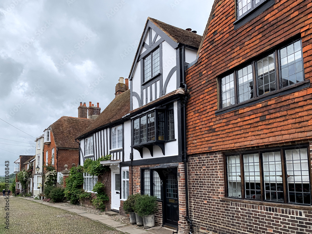 Watchbell street view in Rye East Sussex Charming medieval place in old town Picturesque countryside. East Sussex, England. Charming medieval town. Architecture, cozy popular touristic destination. 