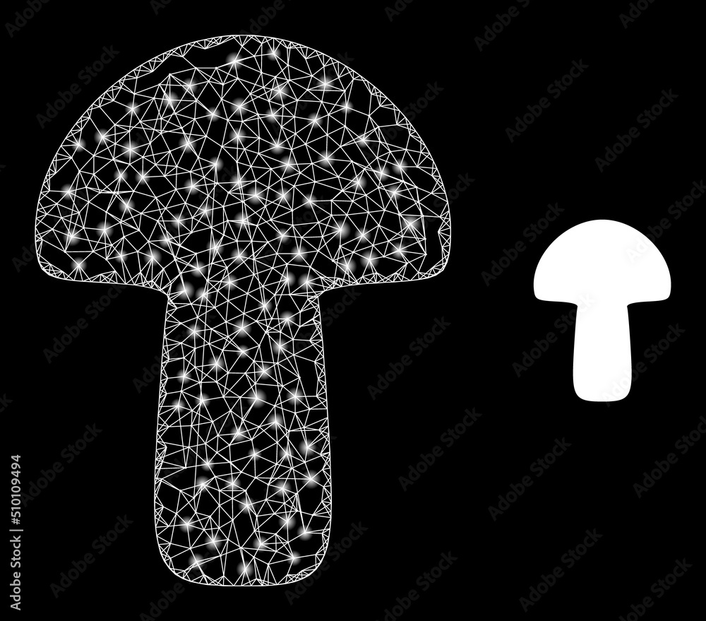 Crossing mesh mushroom frame illustration with light spots. Illuminated vector model is created from mushroom icon. Vector frame net mushroom icon. Crossing mesh mushroom frame illustration with light spots. Illuminated vector model is created from mushroom icon. Vector frame net mushroom icon.