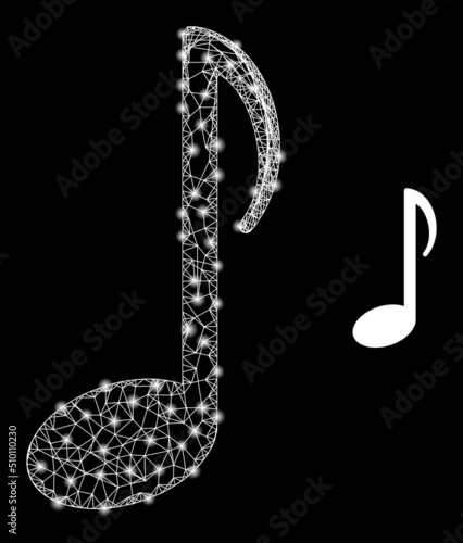 Crossing mesh music note framework icon with light spots. Illuminated vector model is created from music note icon. Vector carcass mesh music note icon.