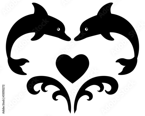 Dolphins and sea waves in heart shape - vector silhouette drawing for logo, pictogram or tattoo. Bottlenose dolphins - marine mammals jumping over the waves for an icon or sign.