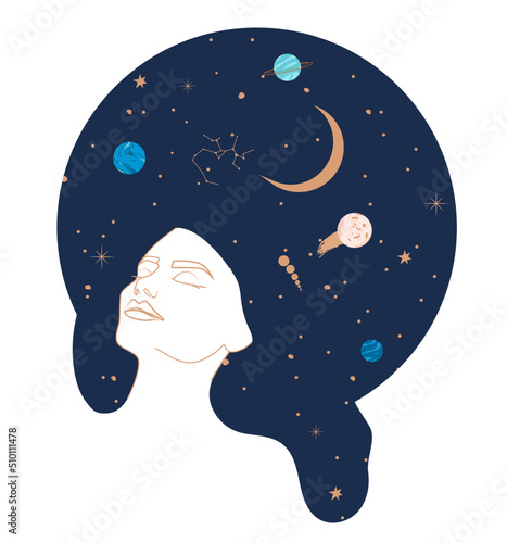 Female portrait with a galaxy on her head illustration