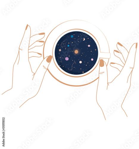 Galaxy in cup and human hands illustration
